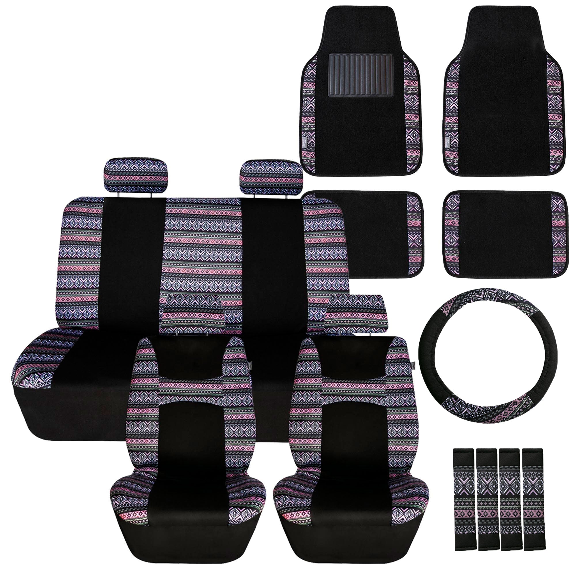 Mesa57 Southwestern Print Seat Covers and Matching Floor Mats - Gray Combo Set