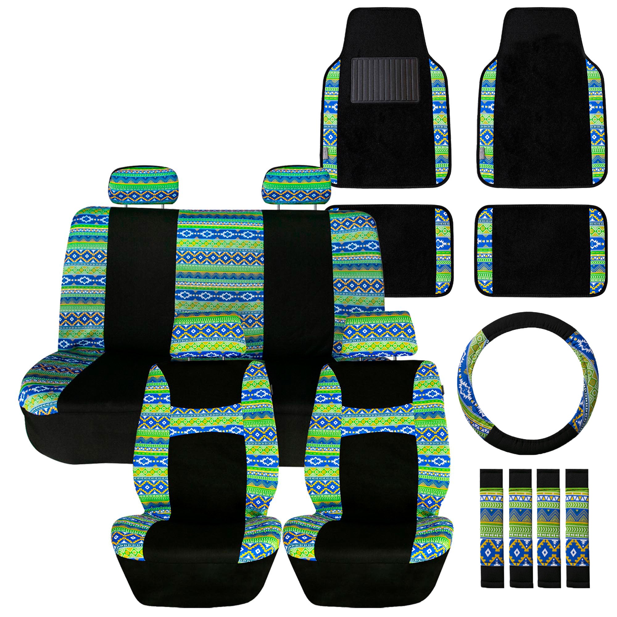 Mesa57 Southwestern Print Seat Covers and Matching Floor Mats - Green Combo Set