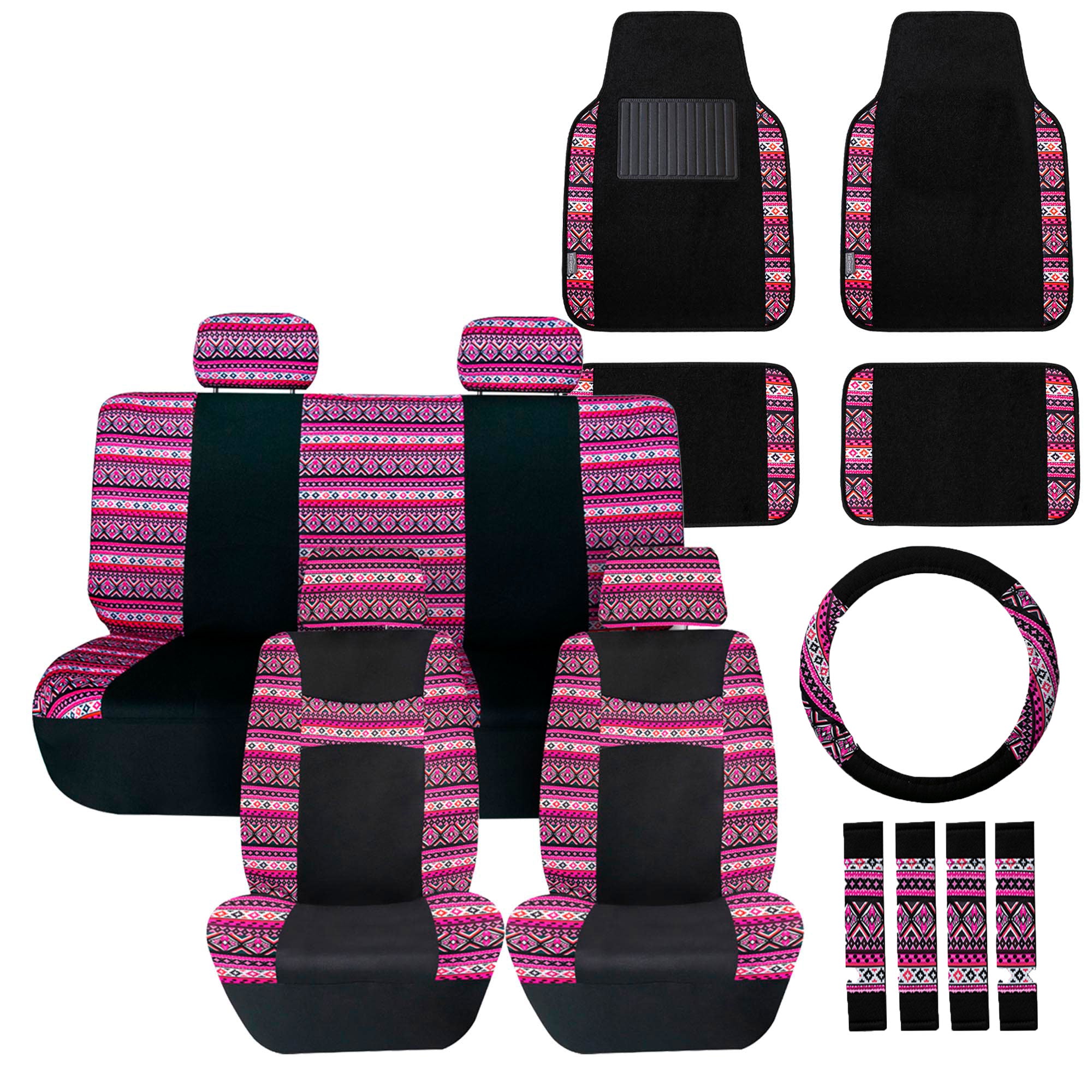 Mesa57 Southwestern Print Seat Covers and Matching Floor Mats - Pink Combo Set