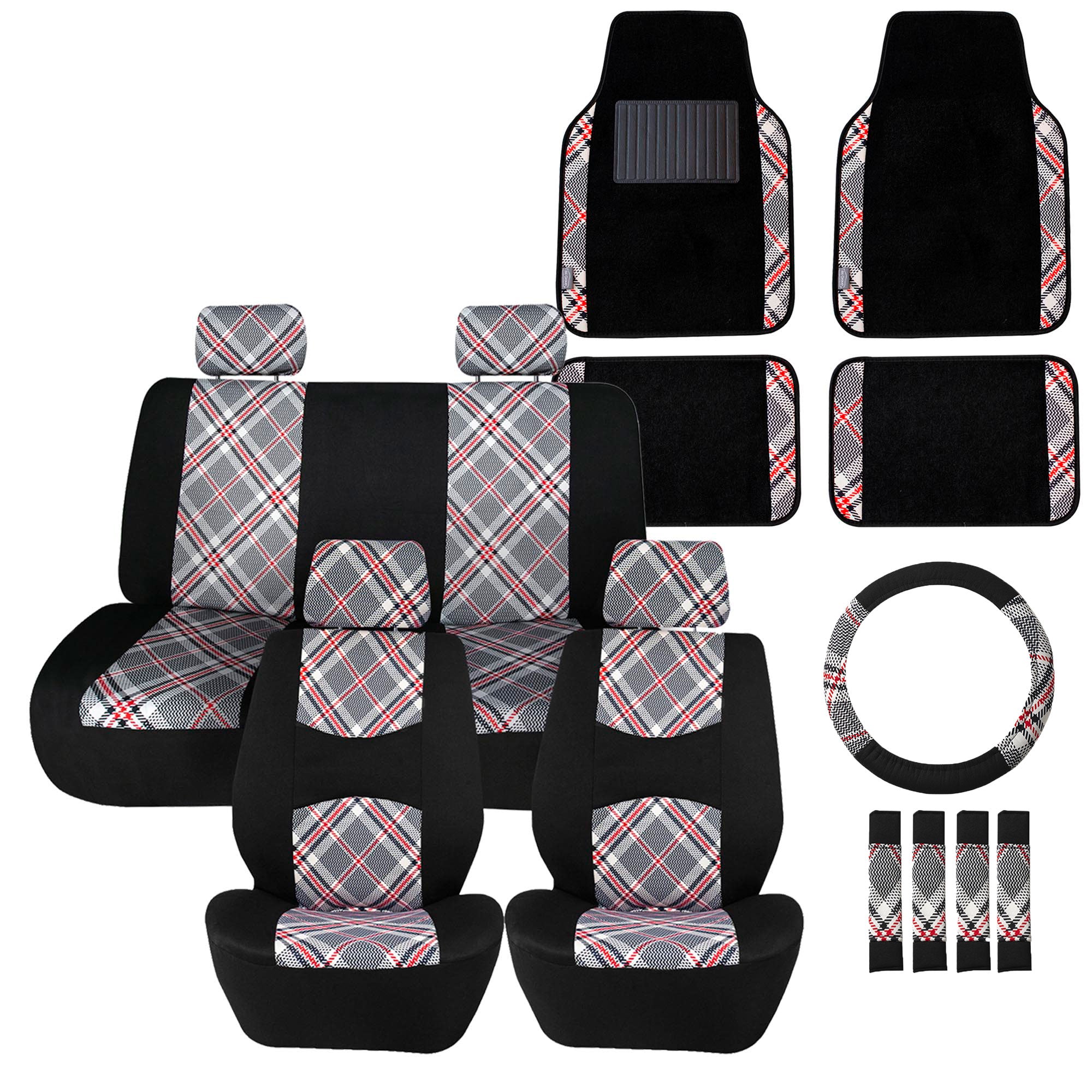 Tartan57 Plaid Print Seat Covers and Matching Floor Mats - White Combo Set