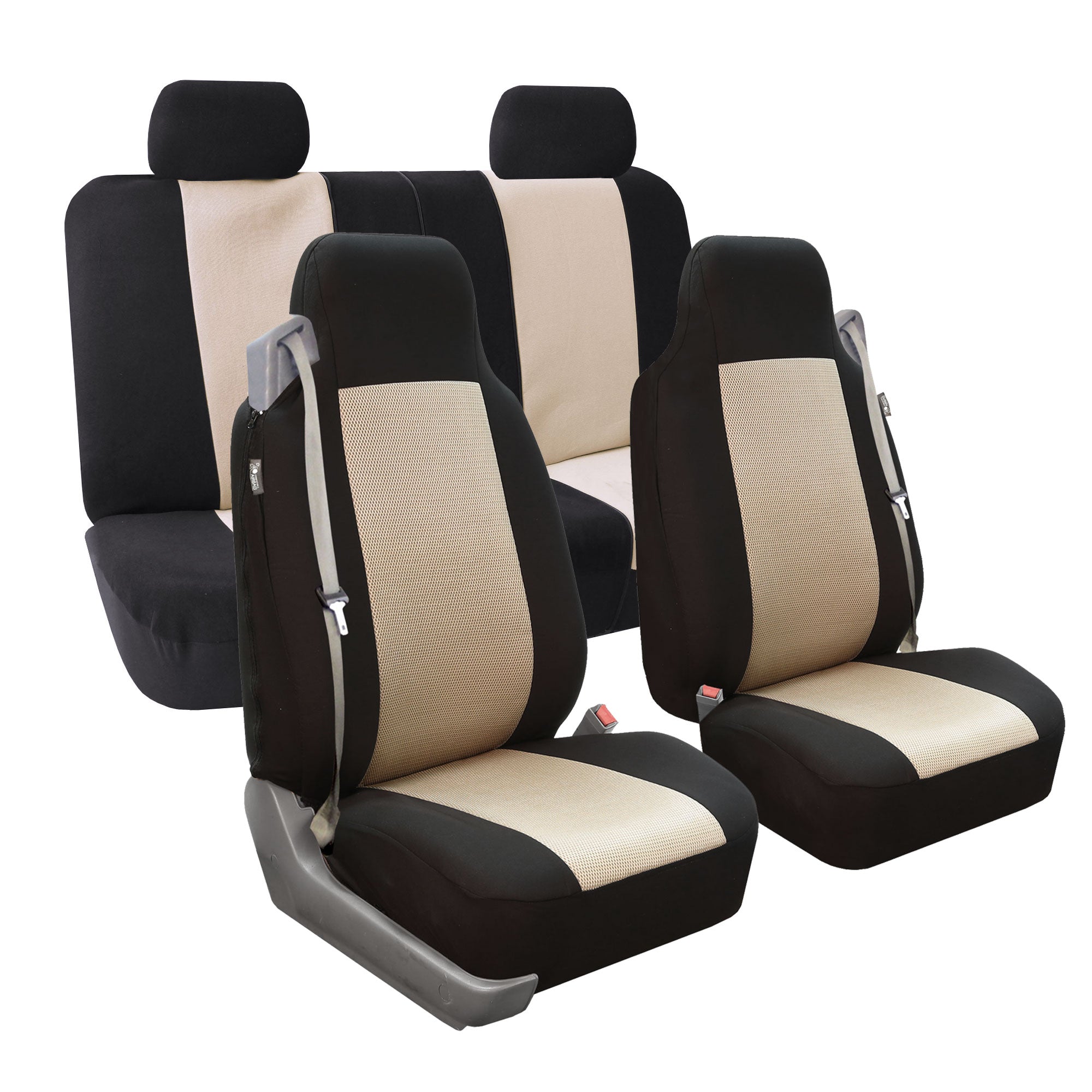 Flat Cloth All-Purpose Built-In Seatbelt Classic Cloth Seat Covers - Full Set Beige