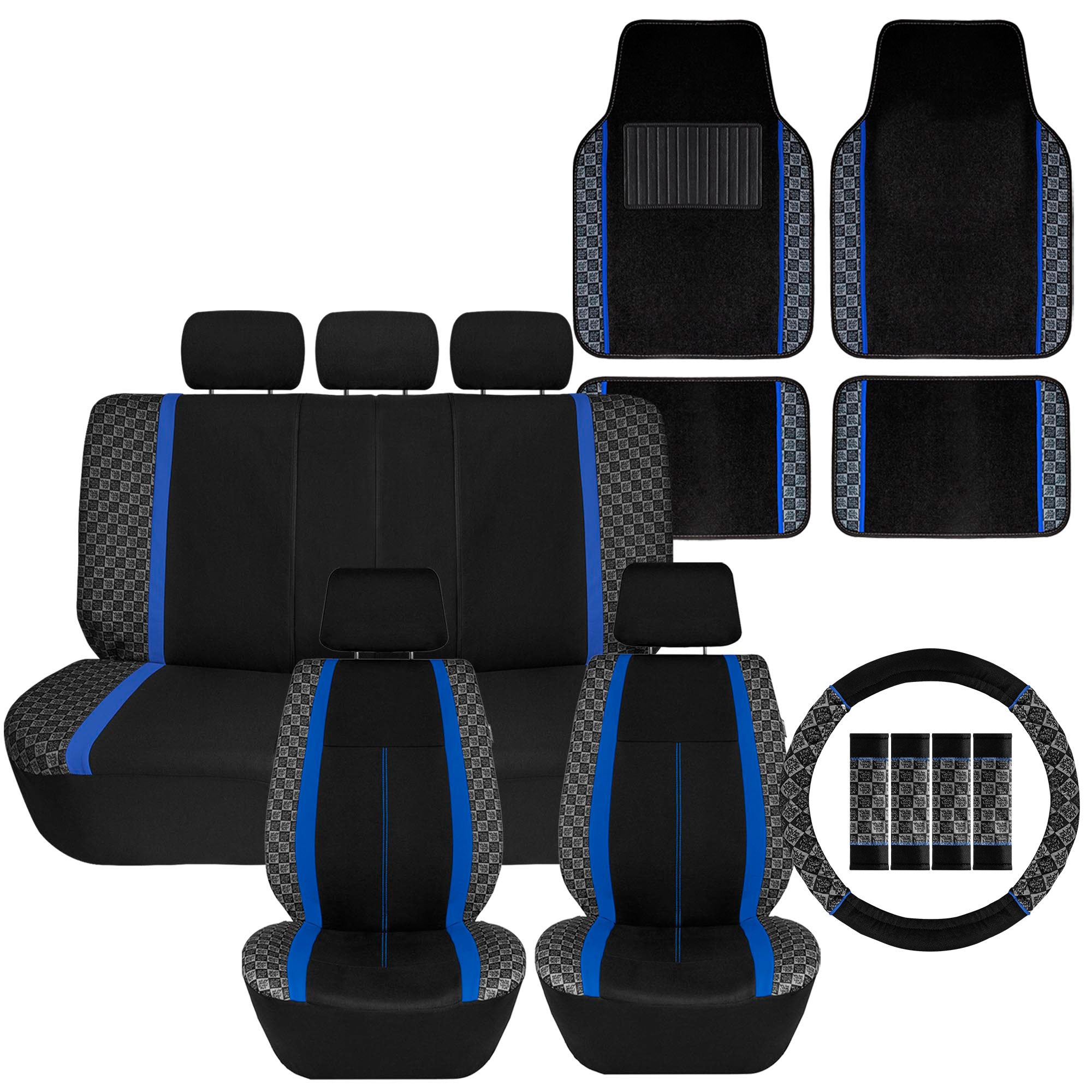 We Are Young Life is Fun Checker Printed Seat Covers, Floor Mats, and Steering Wheel Cover - Blue Combo Full Set