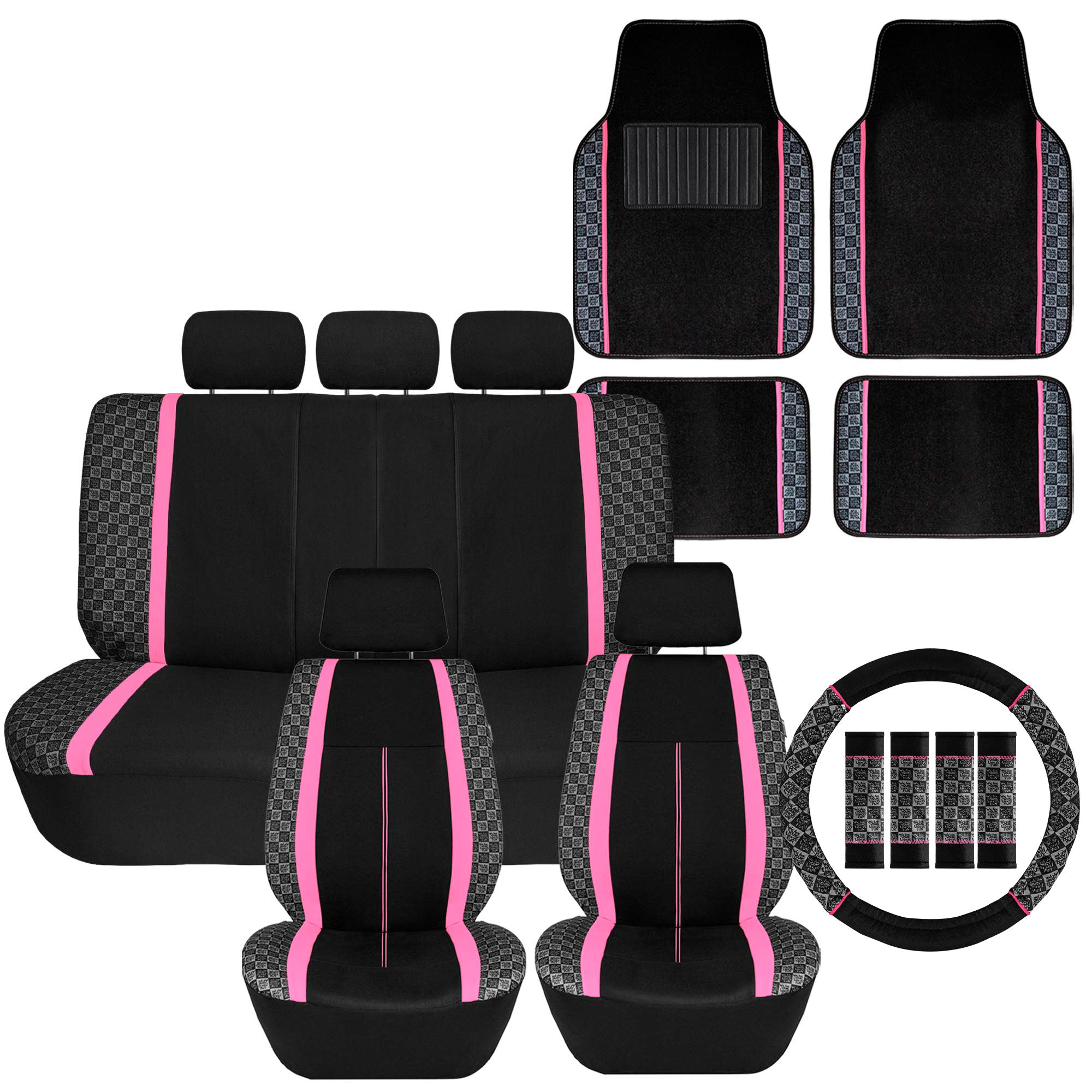 We Are Young Life is Fun Checker Printed Seat Covers, Floor Mats, and Steering Wheel Cover - Pink Combo Full Set