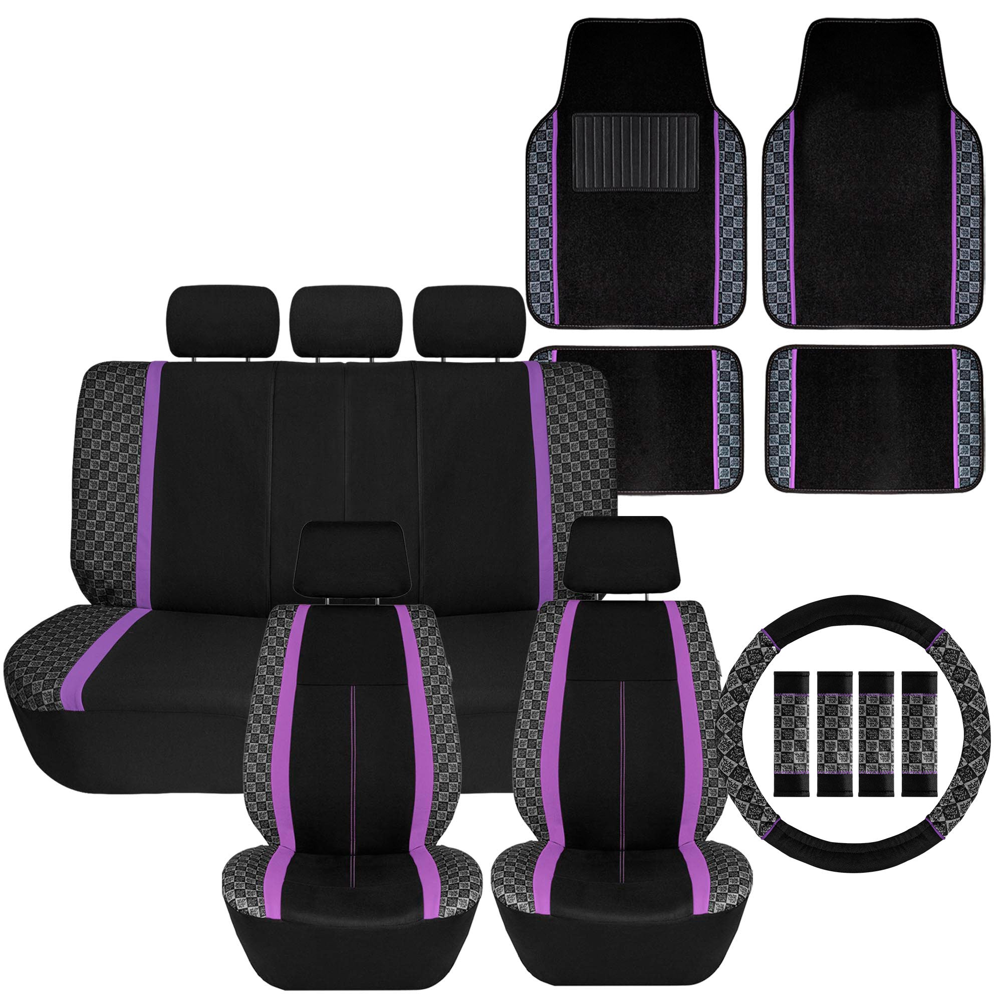 We Are Young Life is Fun Checker Printed Seat Covers, Floor Mats, and Steering Wheel Cover - Purple Combo Full Set