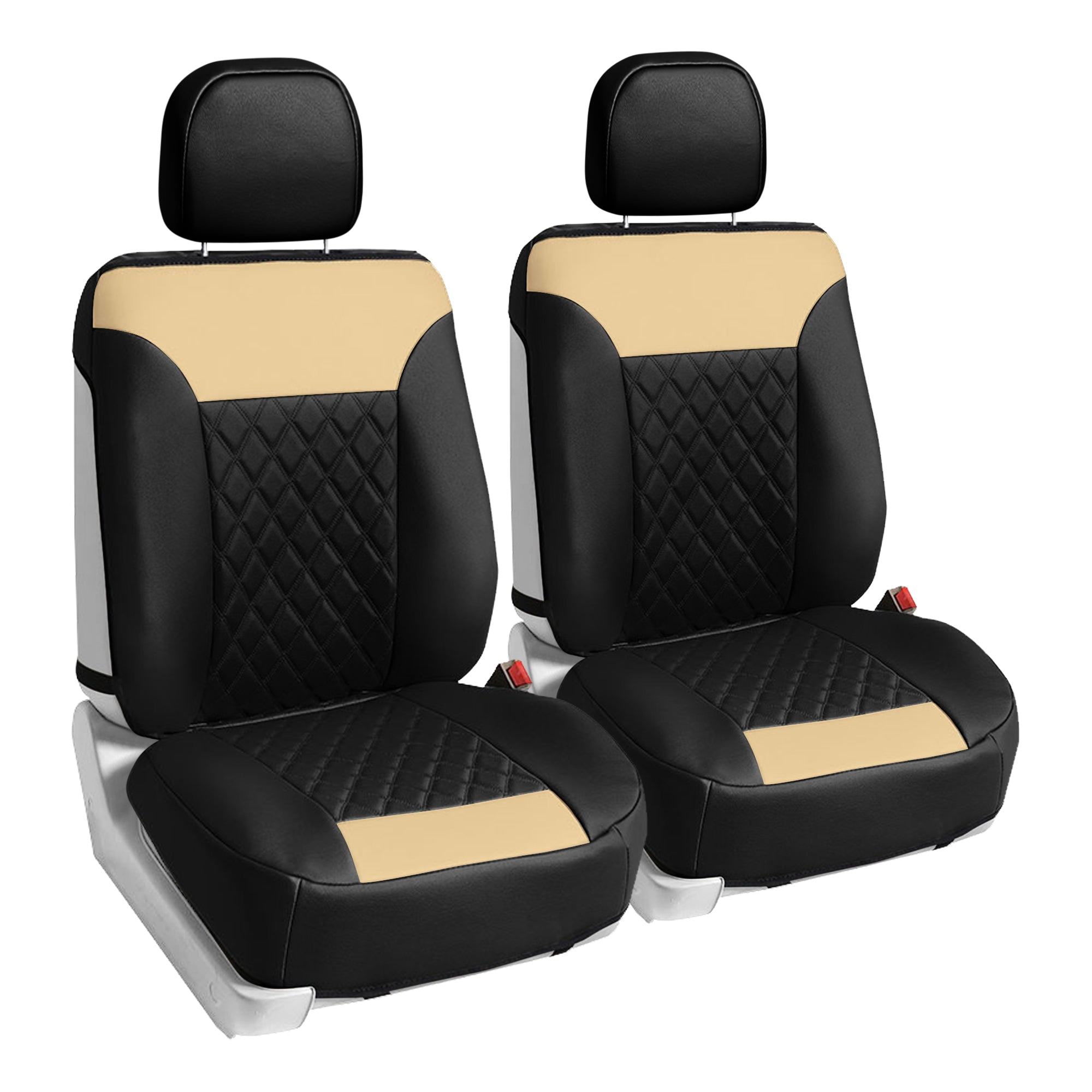 Deluxe Faux Leather Diamond Pattern Car Seat Cushions - Front Set Beige / Black