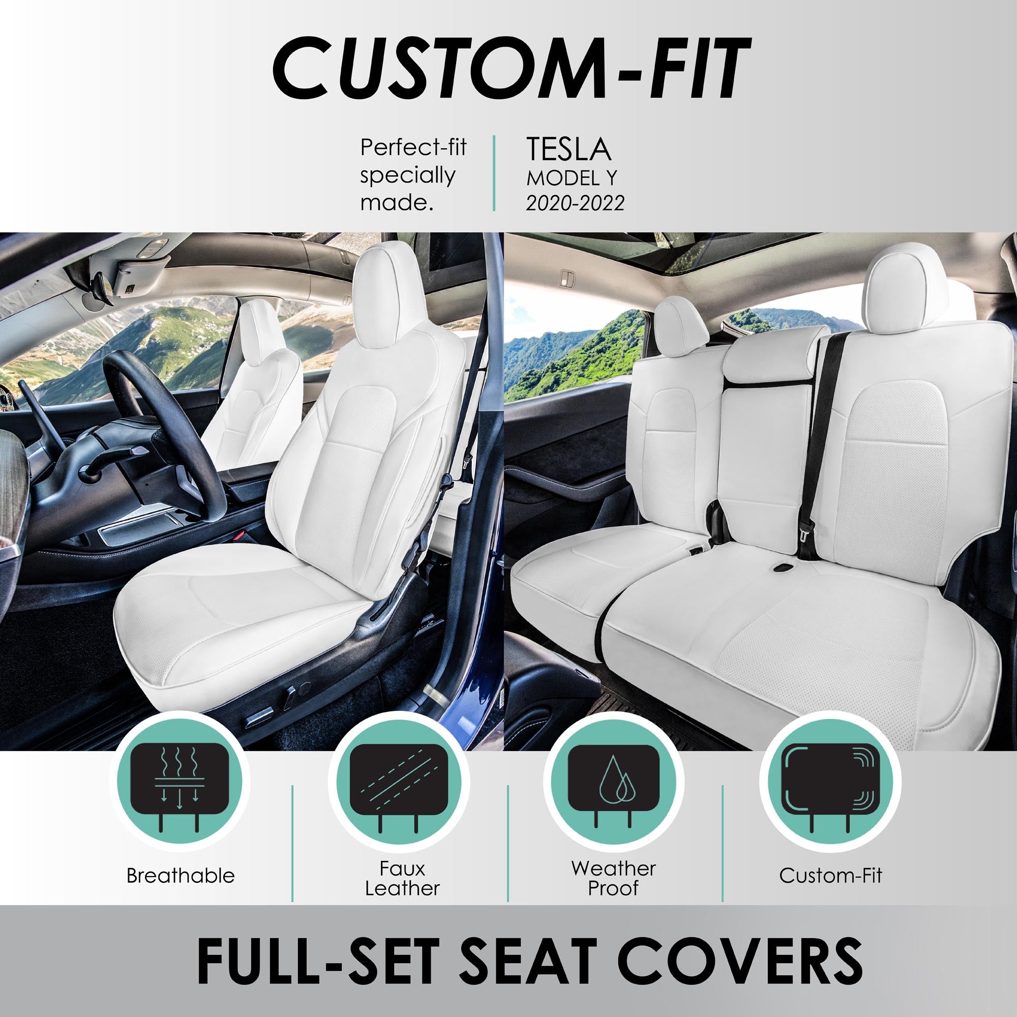 Tesla Model Y 2020 - 2024 - Full Set Seat Covers - Solid White Faux Le