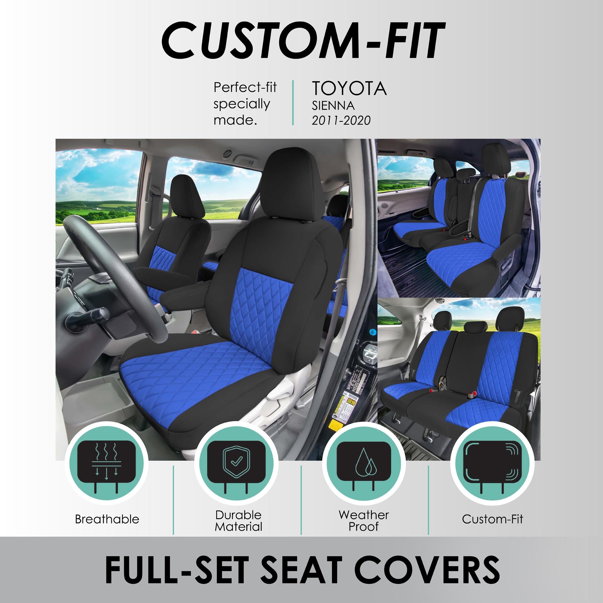 Toyota Sienna 8 Passenger 2011 - 2020 - Full Set Seat Covers - Blue Ultraflex Neoprene