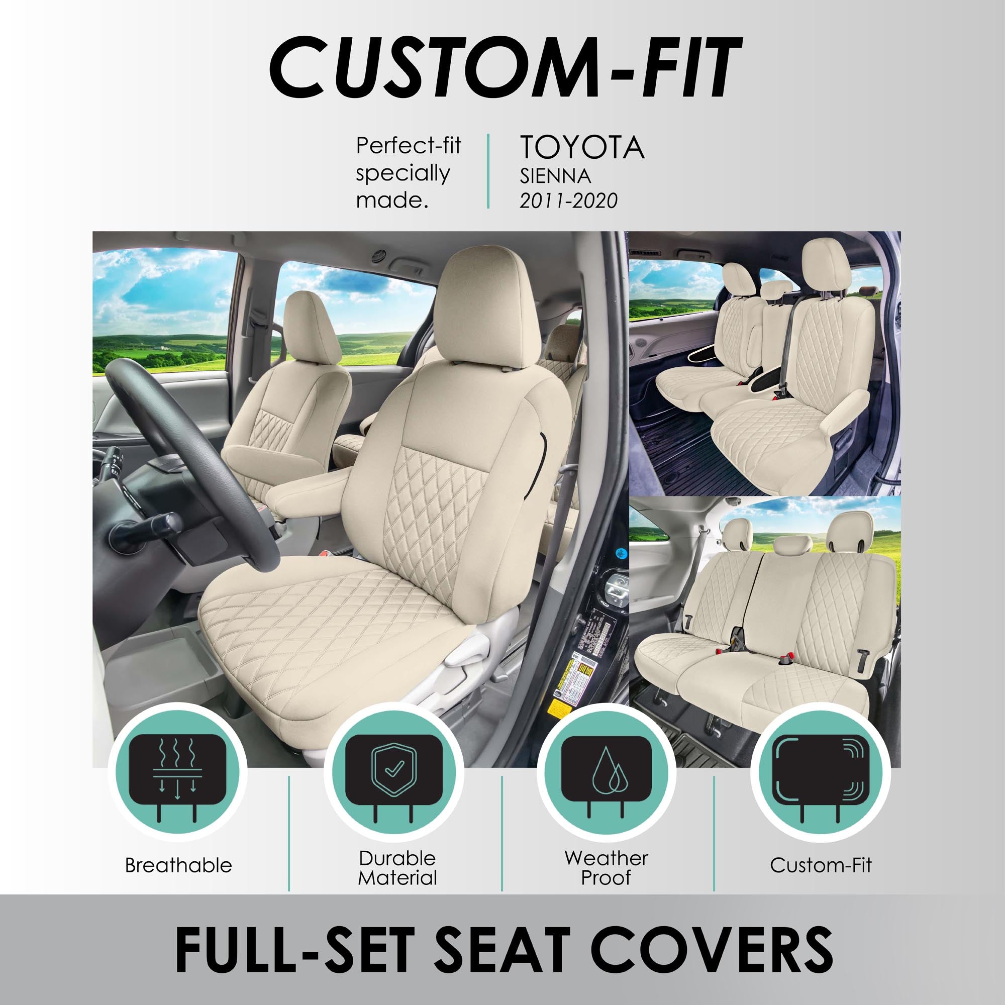 Toyota Sienna 8 Passenger 2011 - 2020 - Full Set Seat Covers - Solid Beige Ultraflex Neoprene