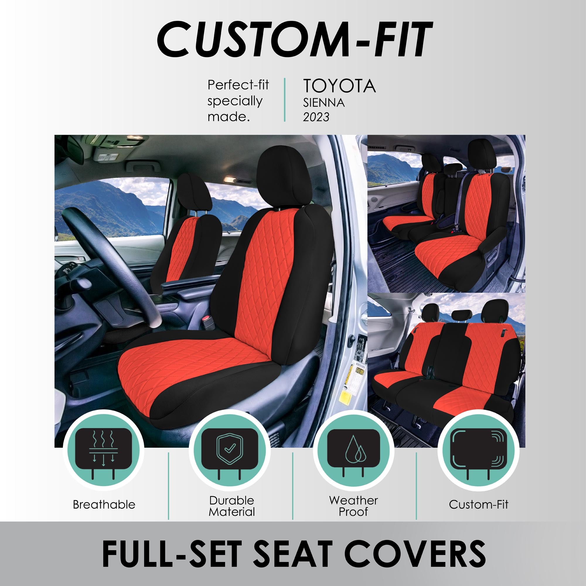 Toyota Sienna 8 Passenger - 2021 - 2024 - Full Set Seat Covers - Red Ultraflex Neoprene