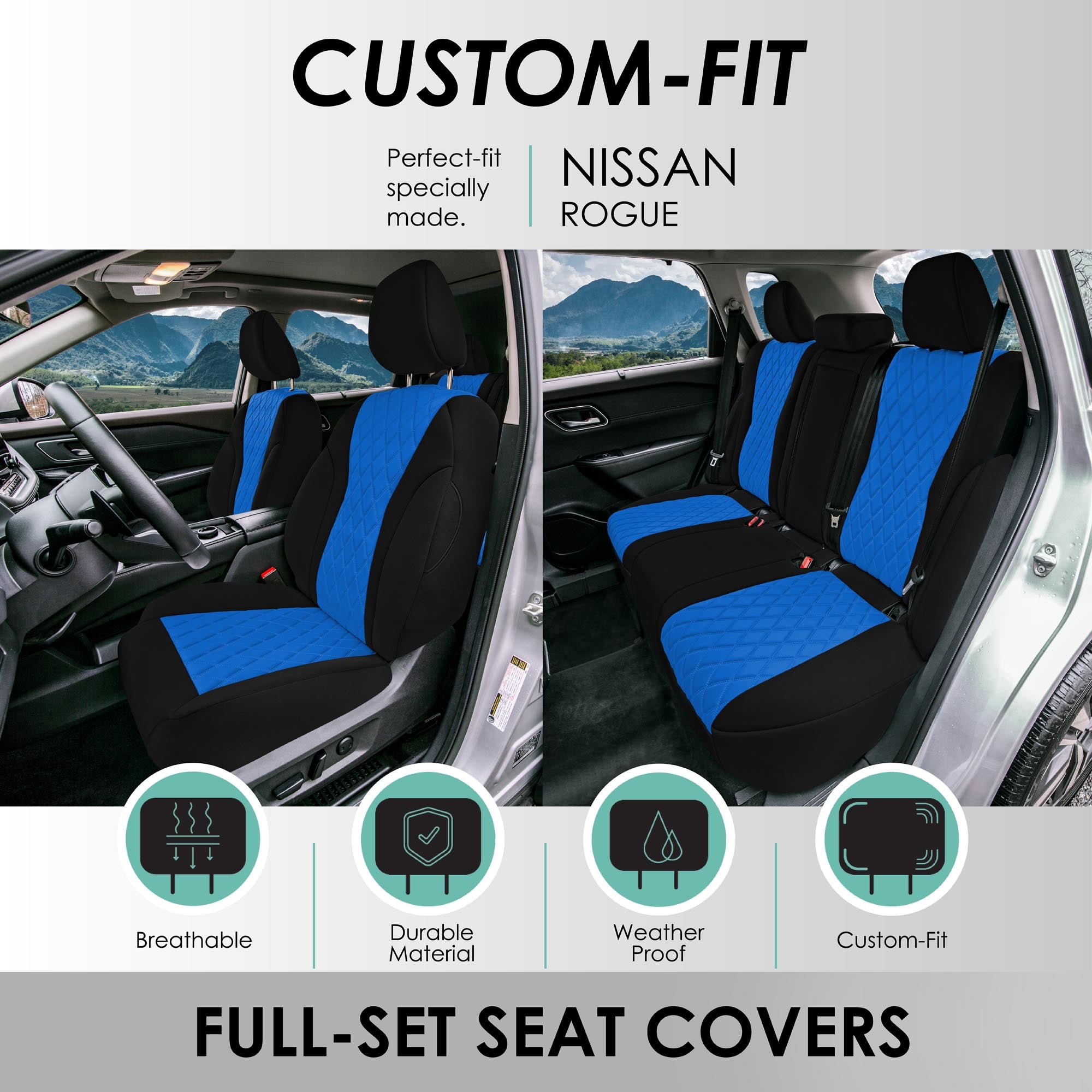 Nissan Rogue - 2021-2024 - Full Set Seat Covers - Blue Ultraflex Neoprene