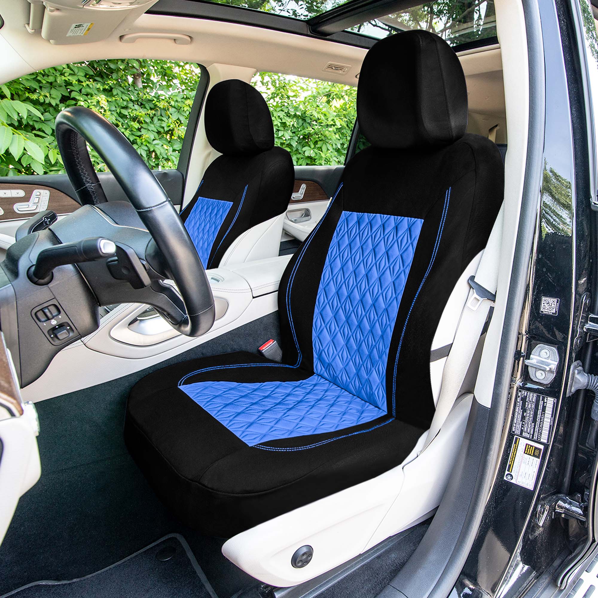 Diamond Stitched Flat Cloth Car Seat Covers Full Set - Blue