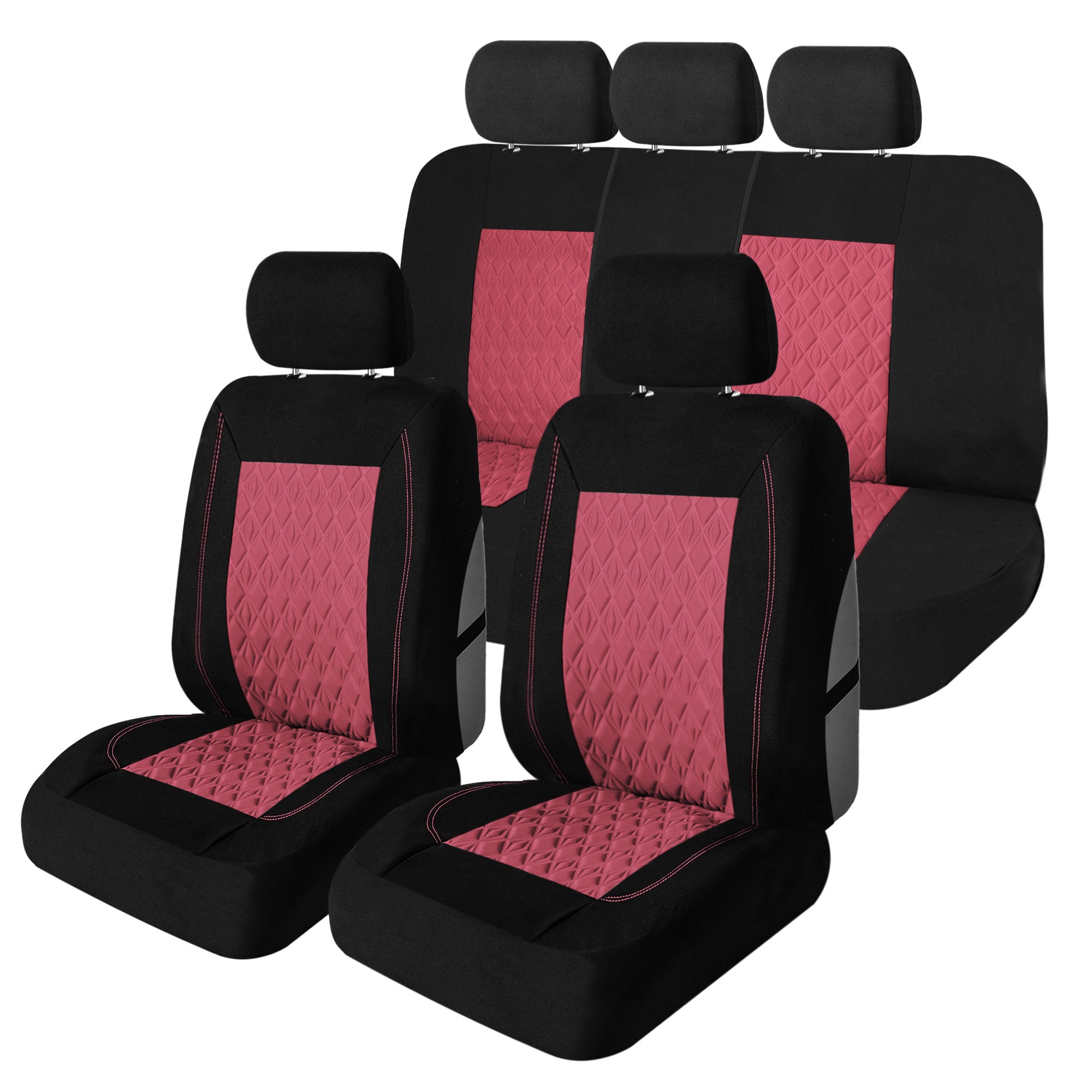 Diamond Stitched Flat Cloth Car Seat Covers Full Set - Burgundy