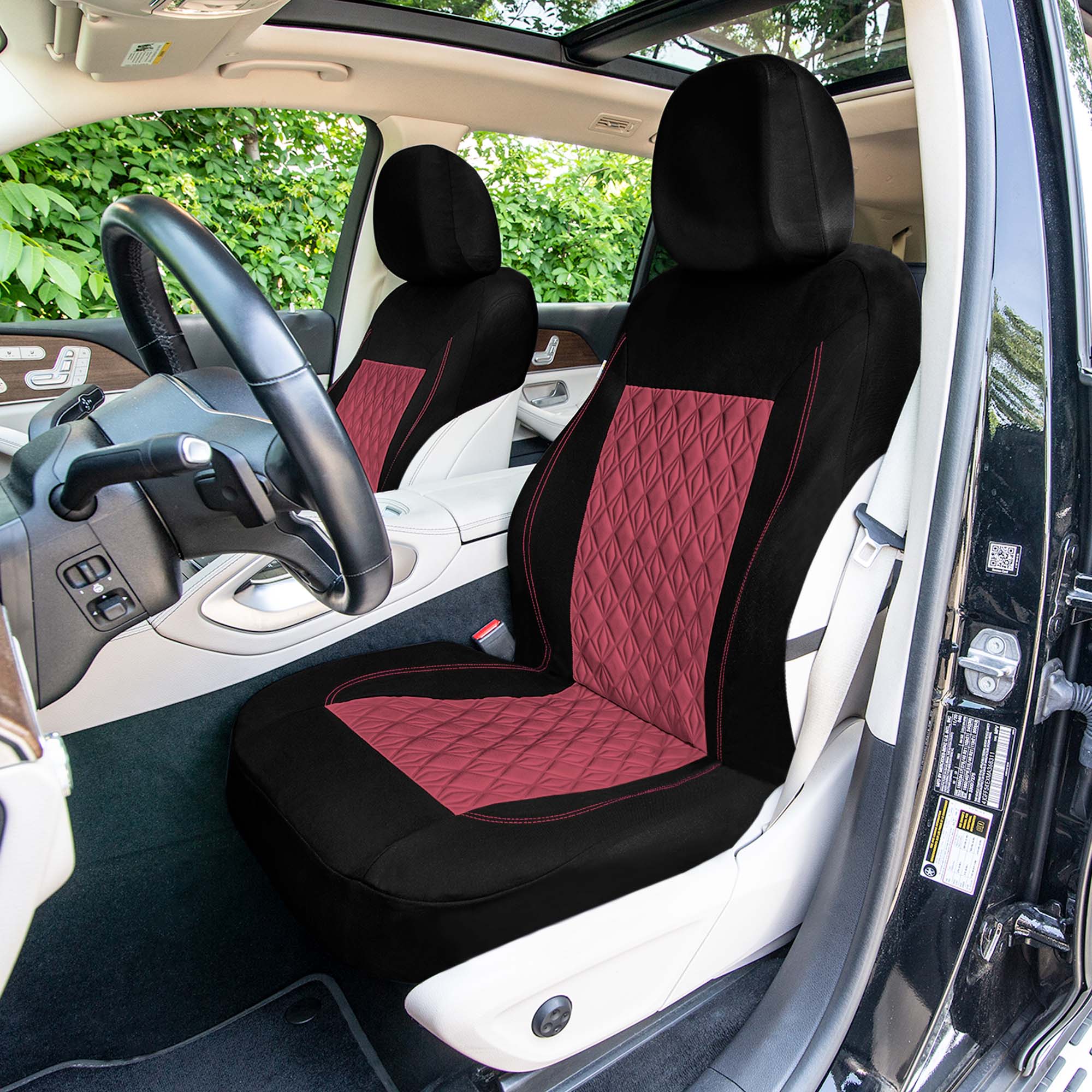 Diamond Stitched Flat Cloth Car Seat Covers Full Set - Burgundy