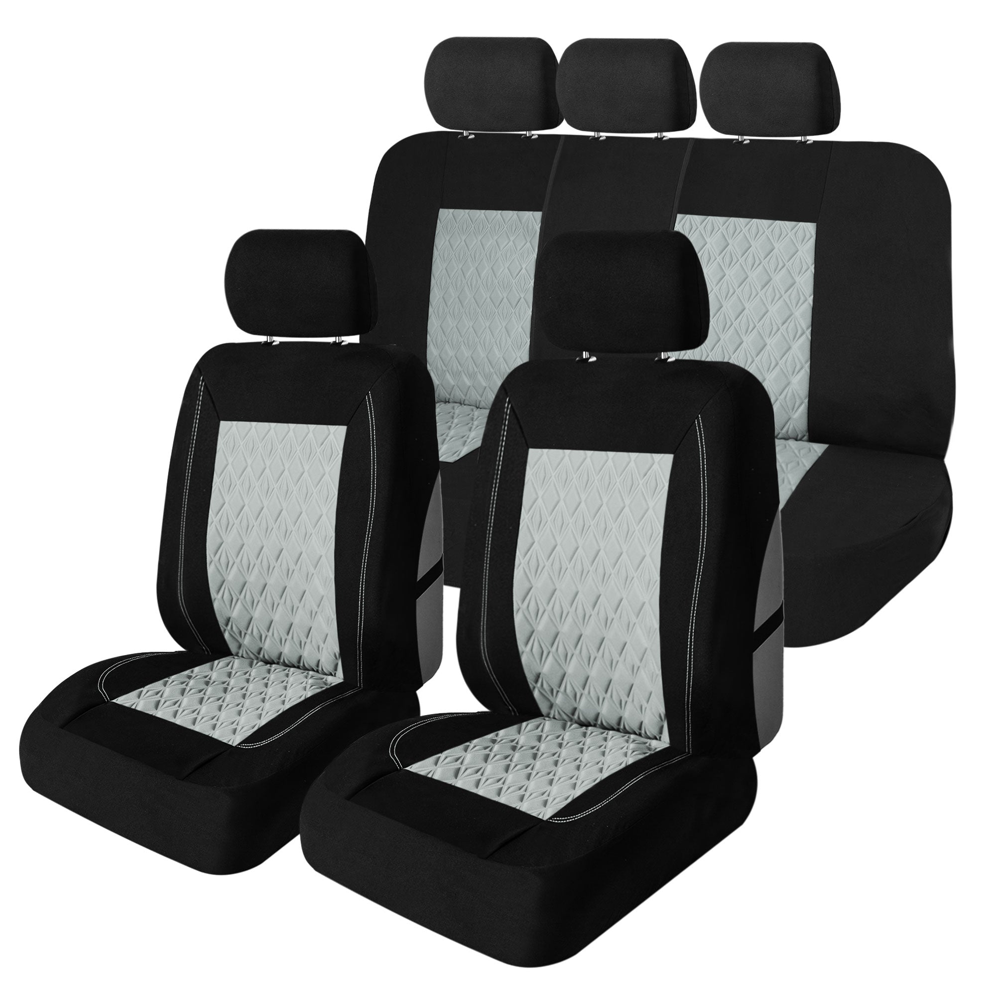 Diamond Stitched Flat Cloth Car Seat Covers Full Set - Gray