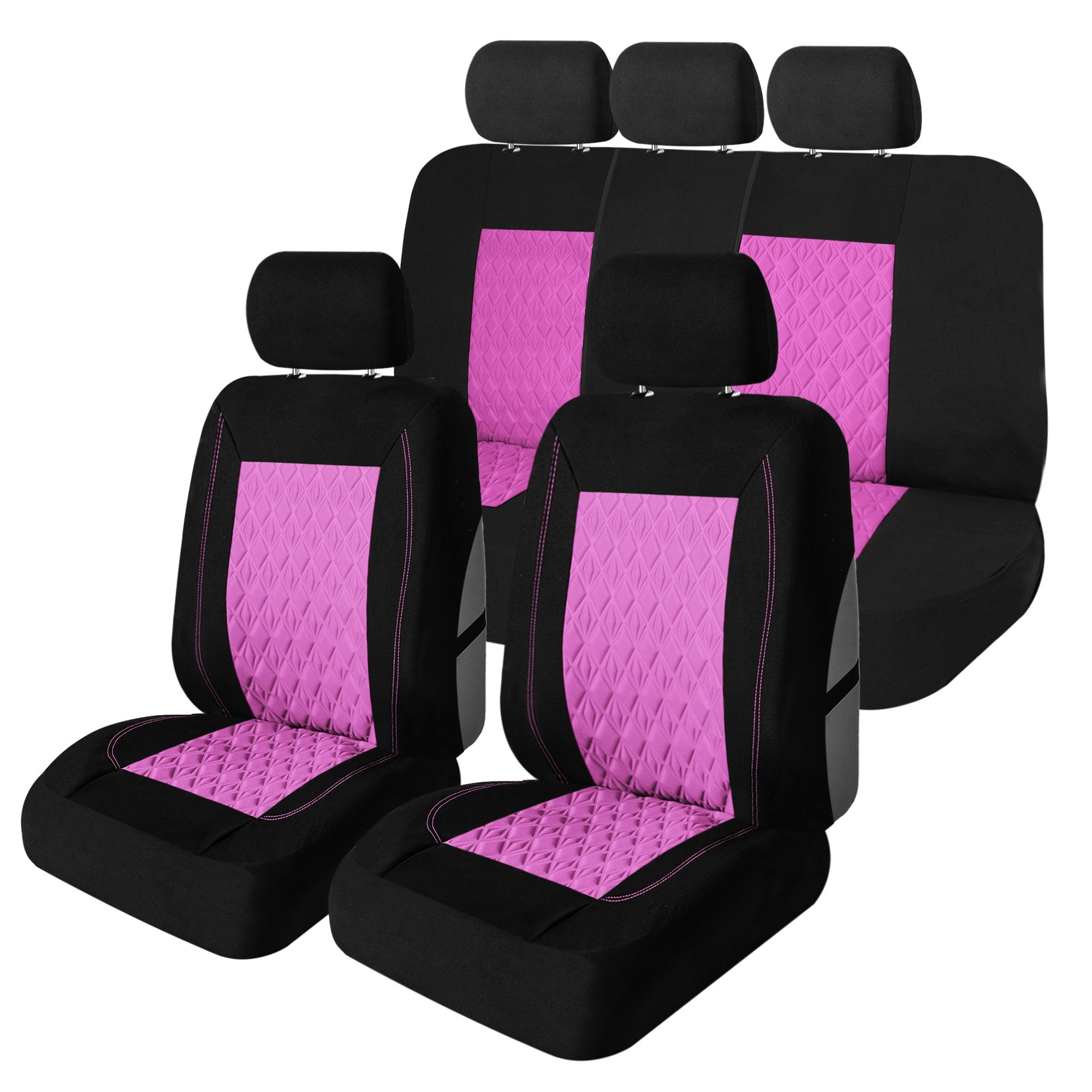 Diamond Stitched Flat Cloth Car Seat Covers Full Set - Pink