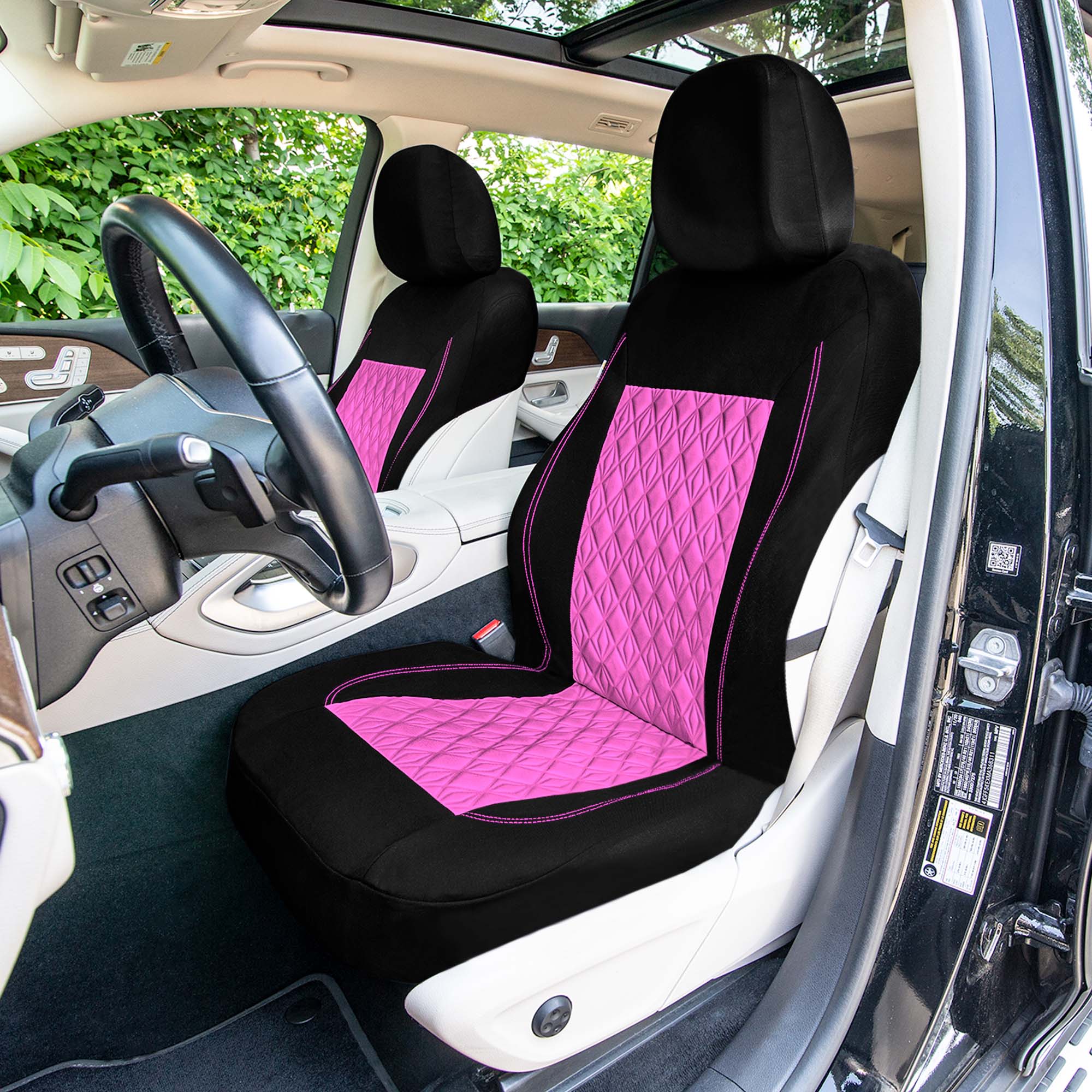 Diamond Stitched Flat Cloth Car Seat Covers Full Set - Pink