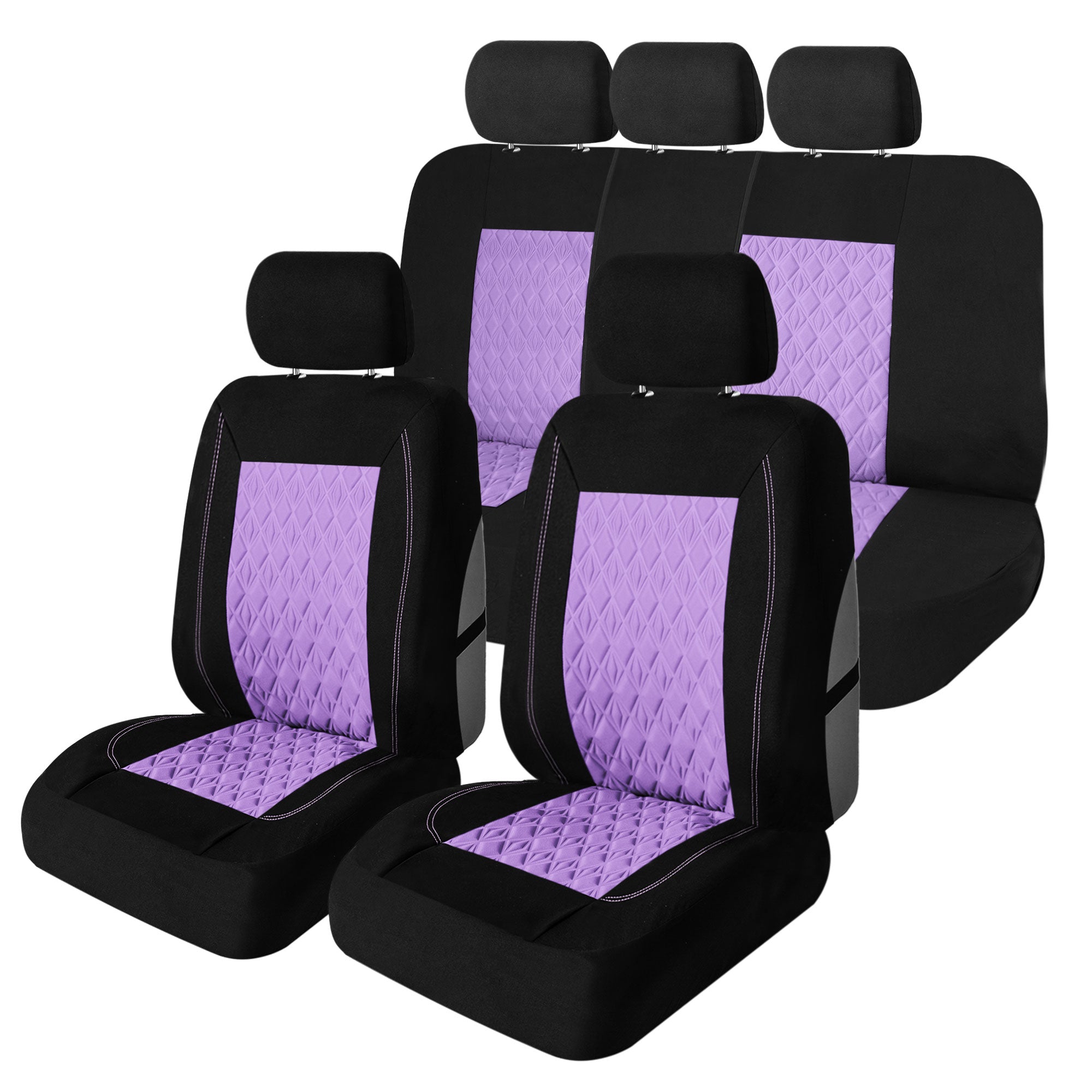 Diamond Stitched Flat Cloth Car Seat Covers Full Set - Purple