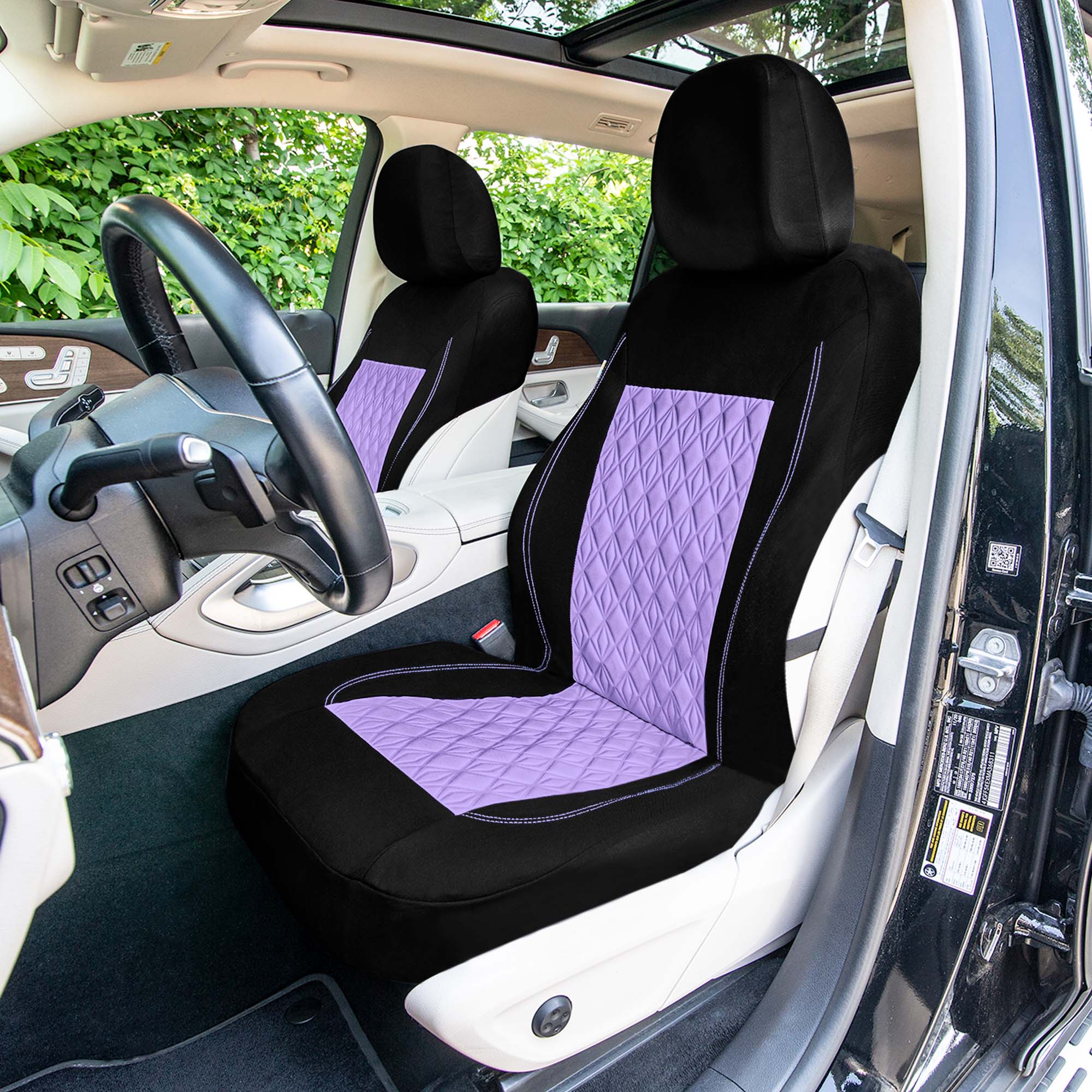 Diamond Stitched Flat Cloth Car Seat Covers Full Set - Purple