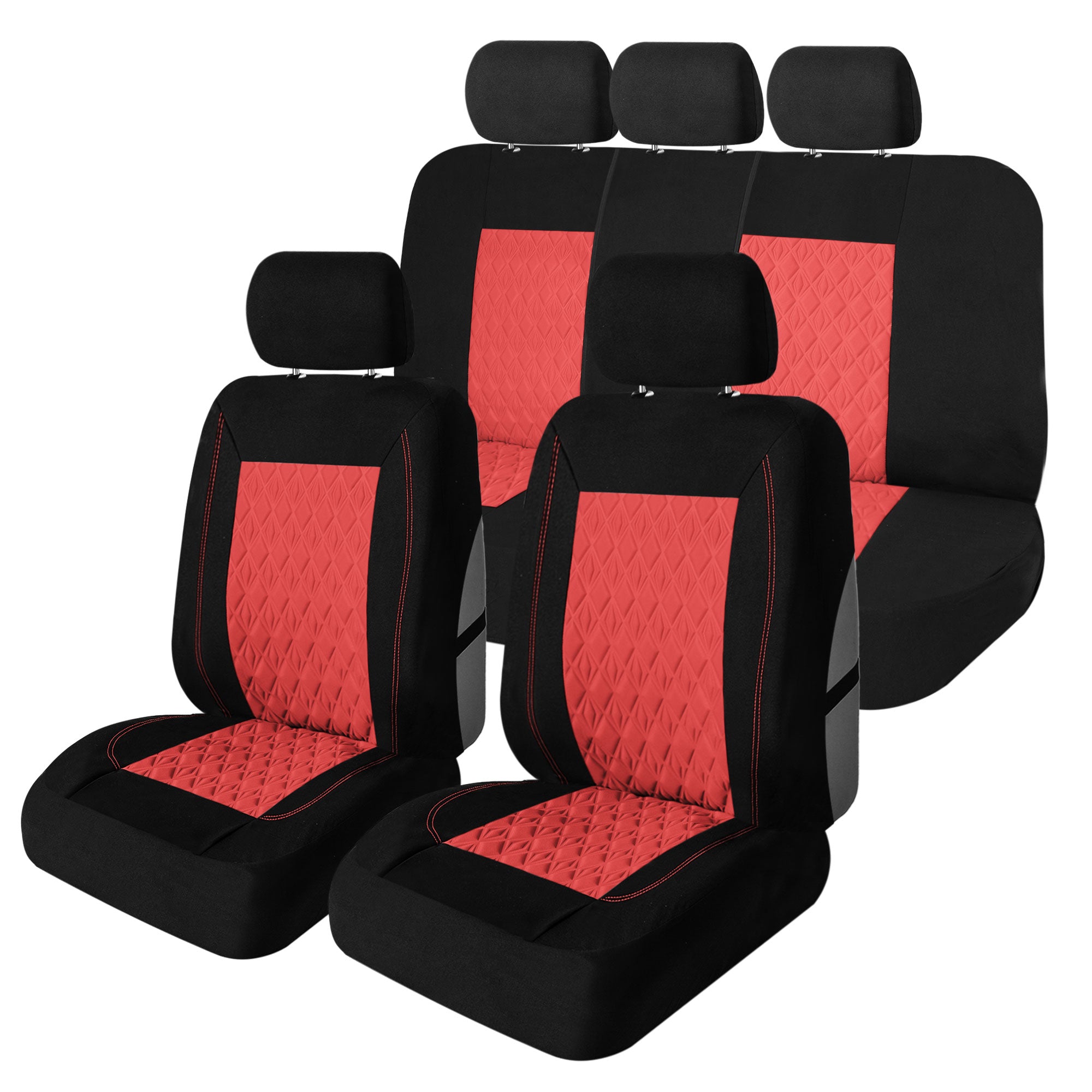 Diamond Stitched Flat Cloth Car Seat Covers Full Set - Red