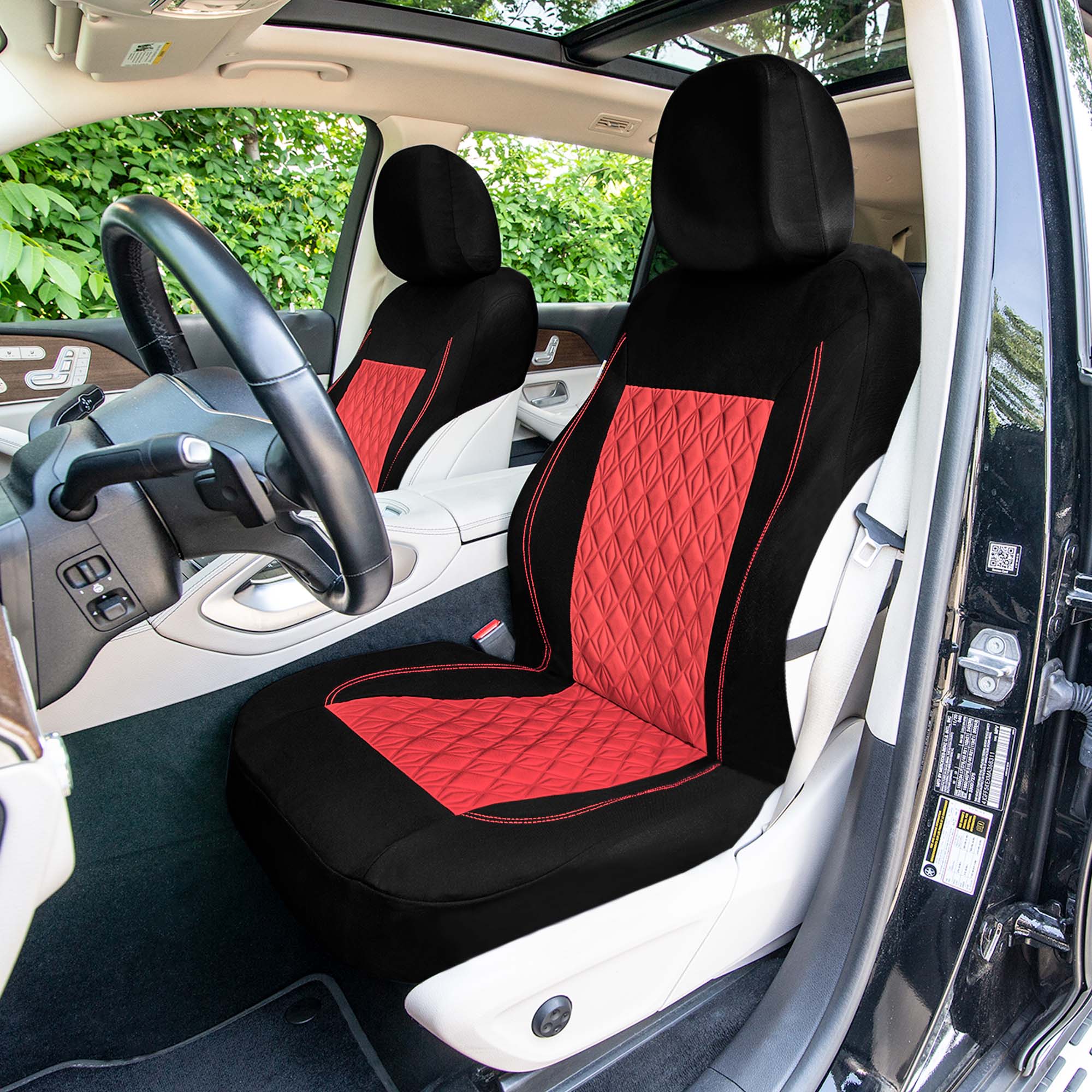 Diamond Stitched Flat Cloth Car Seat Covers Full Set - Red