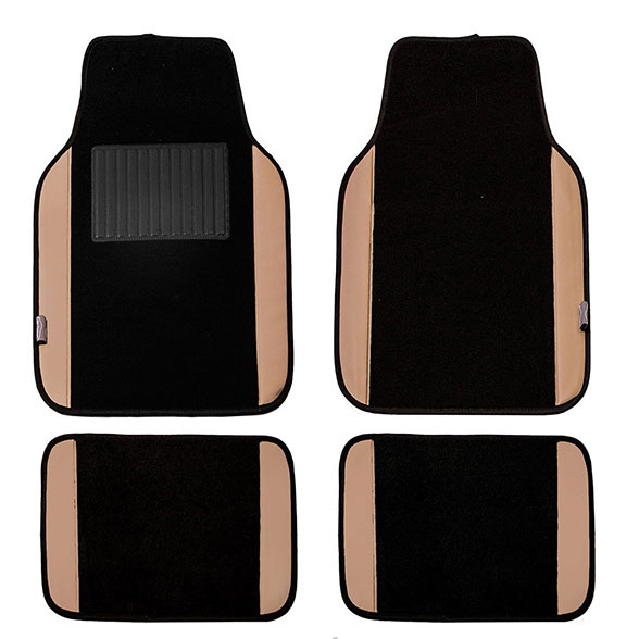 Non-Slip Carpet Floor Mats With PU Leather Trim - Full Set Tan / Black