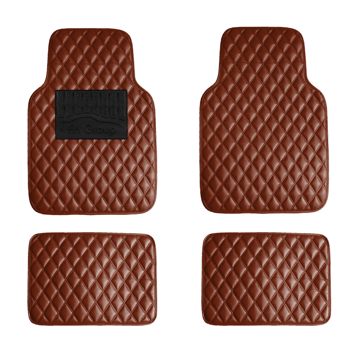 Luxury Universal Liners Heavy Duty Faux Leather Non-Slip Floor Mats Diamond Design - Full Set Brown