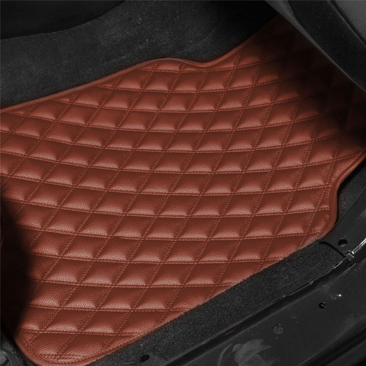 Luxury Universal Liners Heavy Duty Faux Leather Non-Slip Floor Mats Diamond Design - Full Set Brown