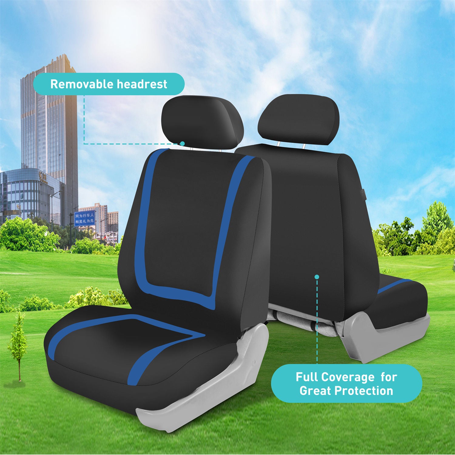 Unique Flat Cloth Seat Covers - Front Set Blue