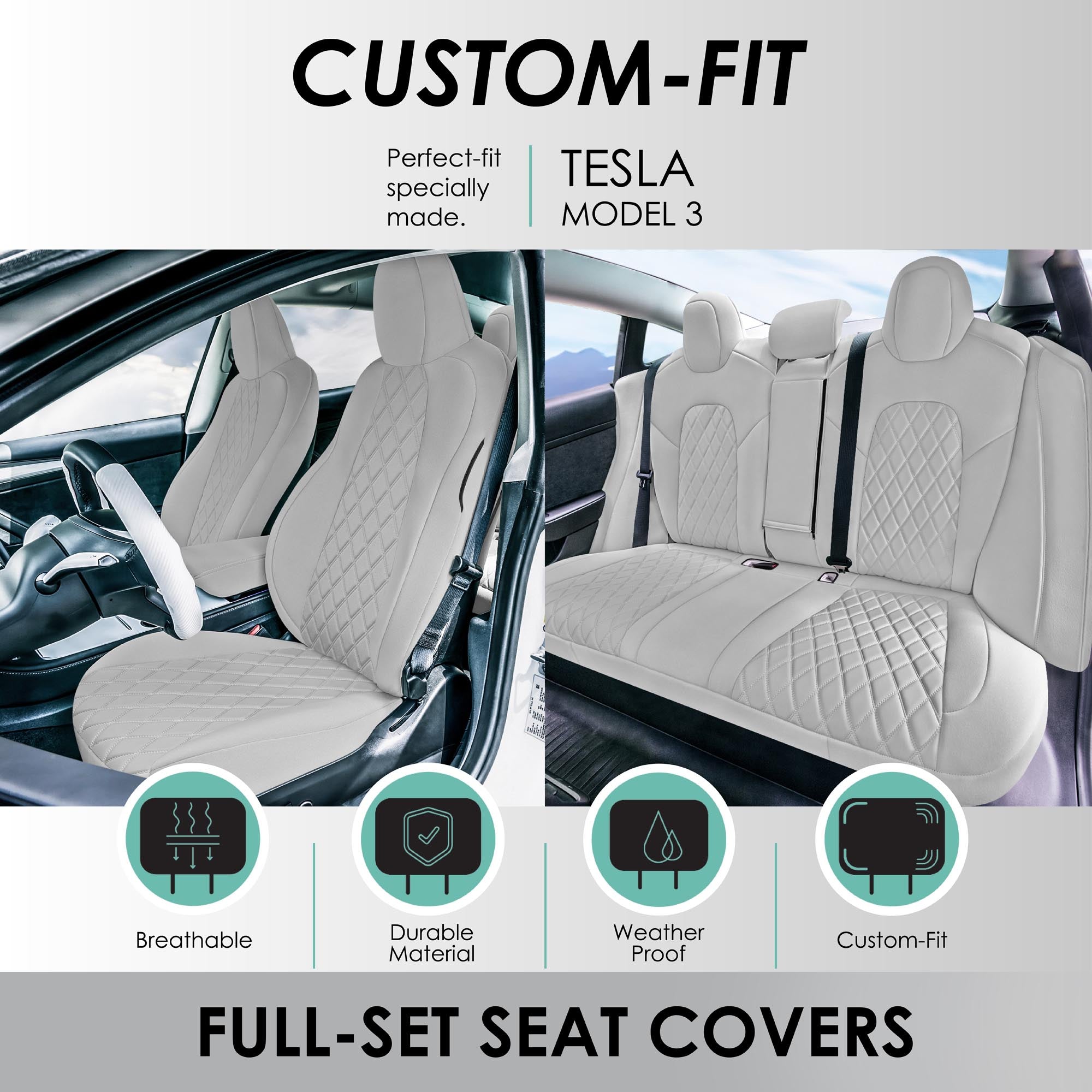 FH Group Custom Fit Neoprene Car Seat Cover for 2020-2024 Tesla Model Y,  Solid Beige Rear Set Seat Covers with Air Freshener 