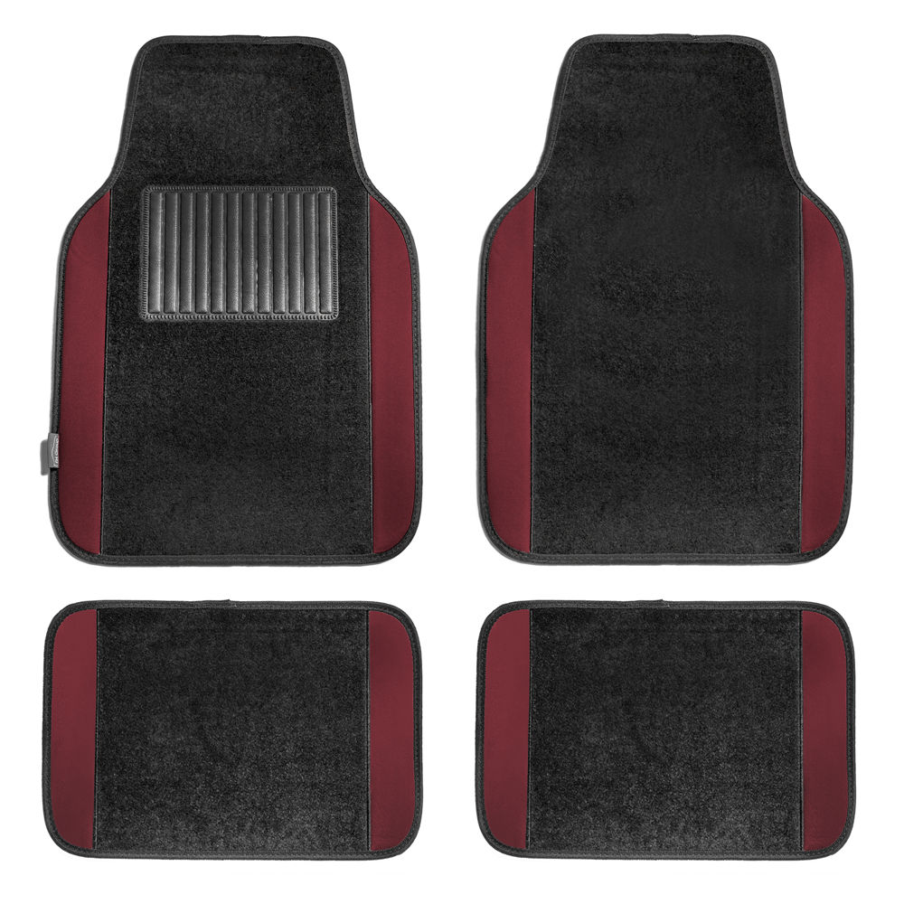 Non-Slip Carpet Floor Mats With Colored Trim - Full Set Burgundy