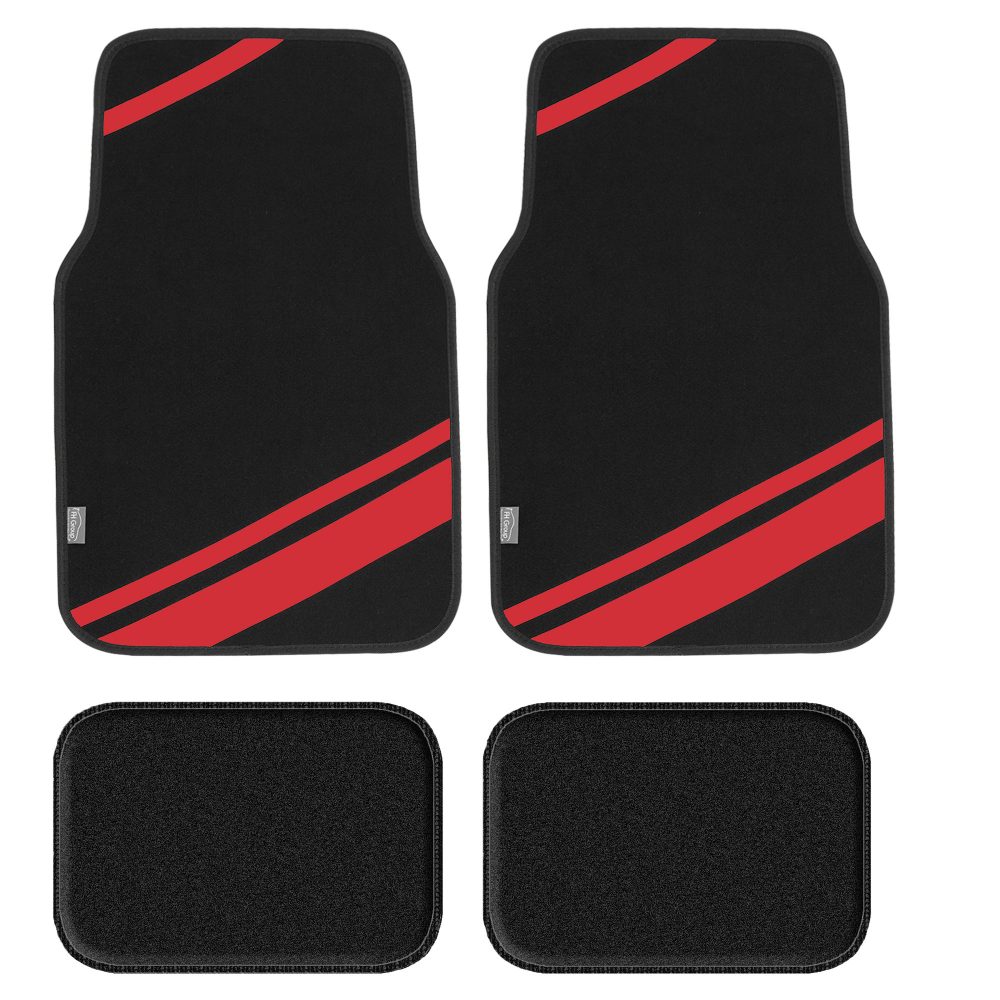 Non-Slip Carpet Floor Mats with Faux Leather Stripes - Full Set Red