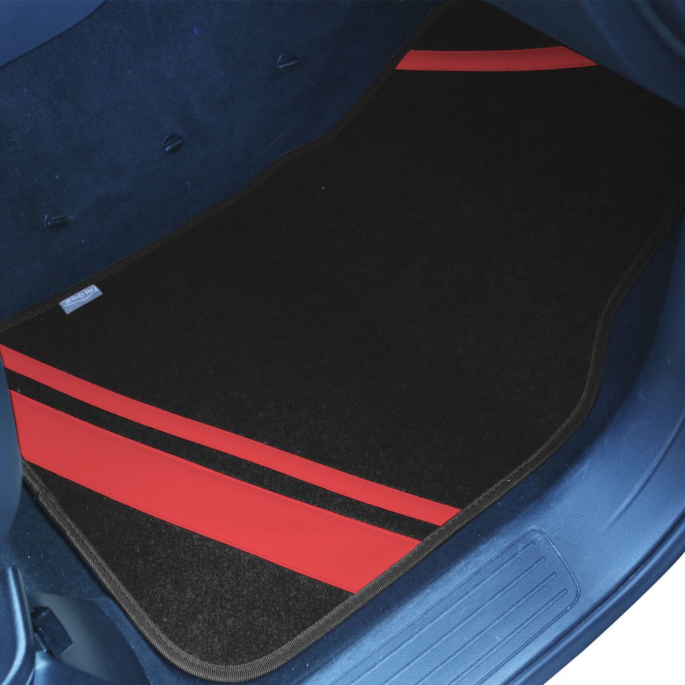 Non-Slip Carpet Floor Mats with Faux Leather Stripes - Full Set Red