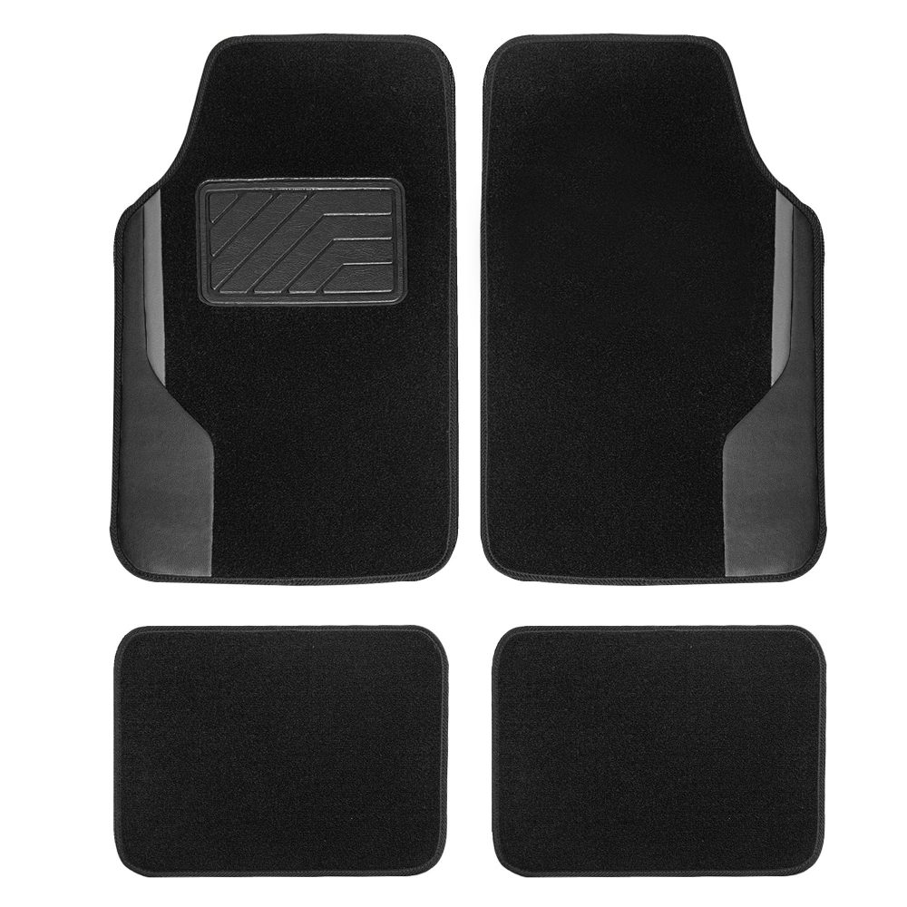 Color-Block Carpet Liners Non-Slip Car Floor Mats with Faux Leather Accents - Full Set Black