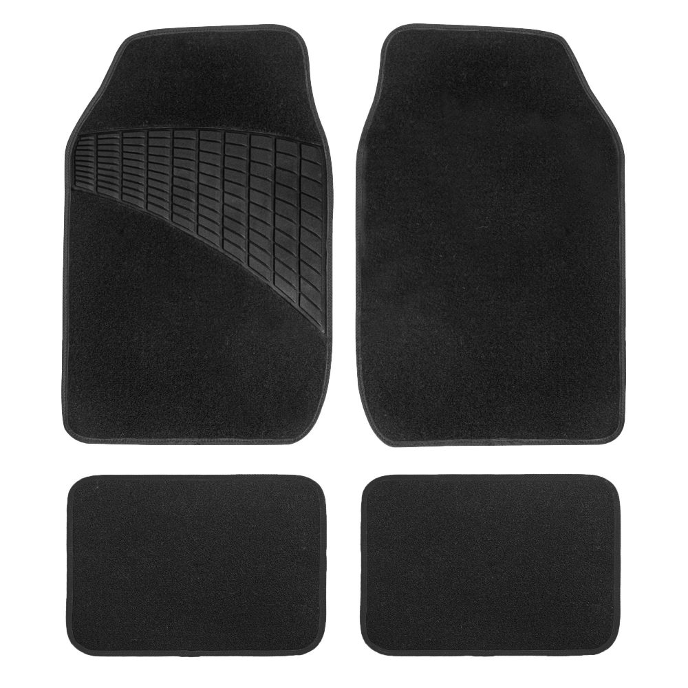 Color-Trimmed Non-Slip Carpet Floor Mats with Rubber Heel Pad - Full Set Black