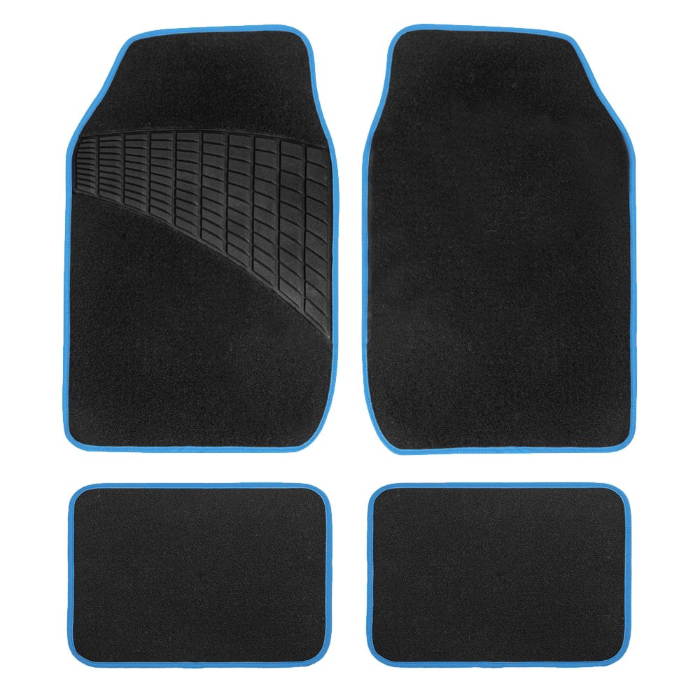 Color-Trimmed Non-Slip Carpet Floor Mats with Rubber Heel Pad - Full Set Blue