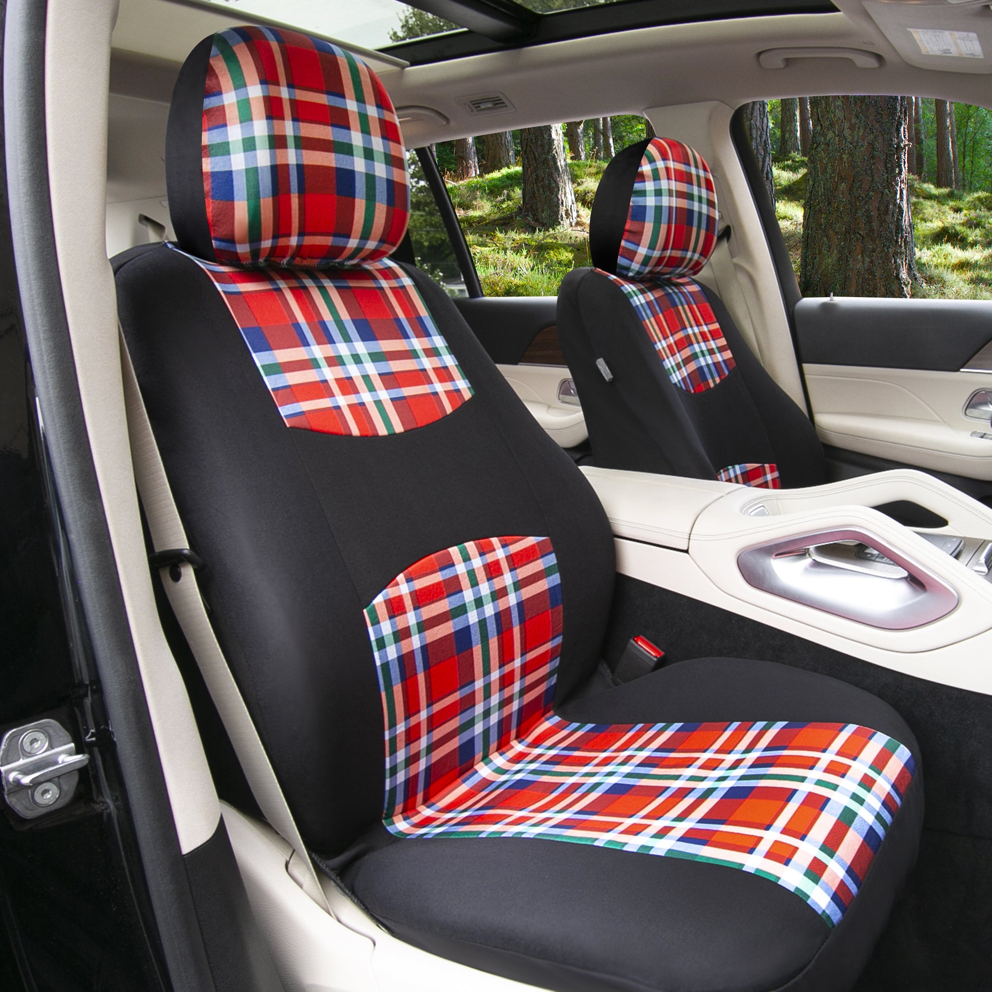 Tartan57 Plaid Print Seat Covers and Matching Floor Mats - Red Combo Set